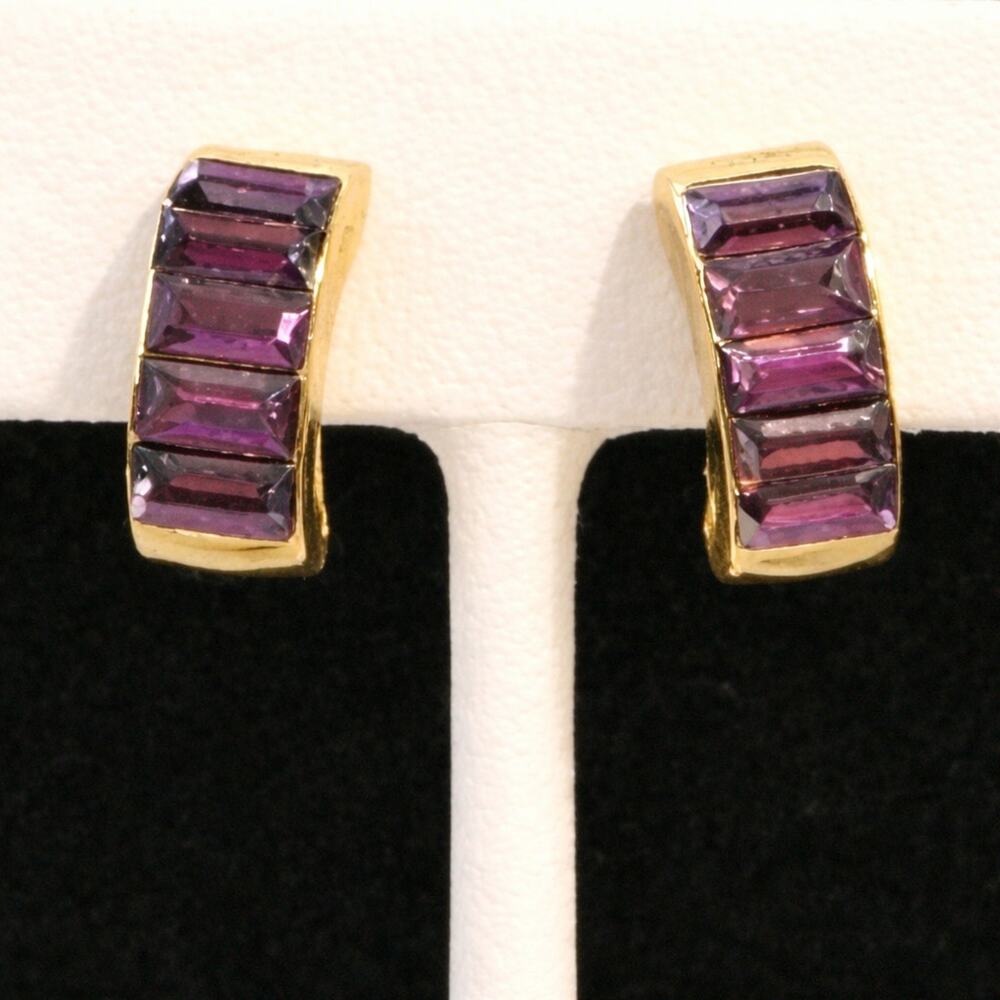 Vintage Purple Glass Half Hoop Pierced Earrings 1/2" Gold-tone Rhinestones bp-